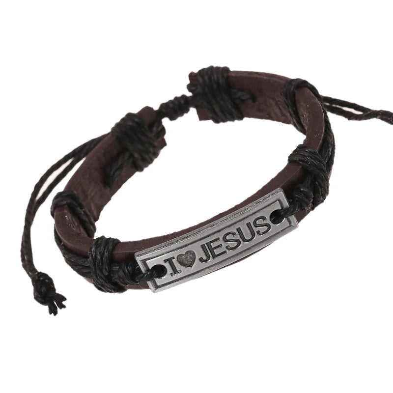 Wholesale Vintage Jewelry Men Leather Bracelet I love Jesus Handmade Woven Alloy Charm Christian Jewelry Men Bangle
