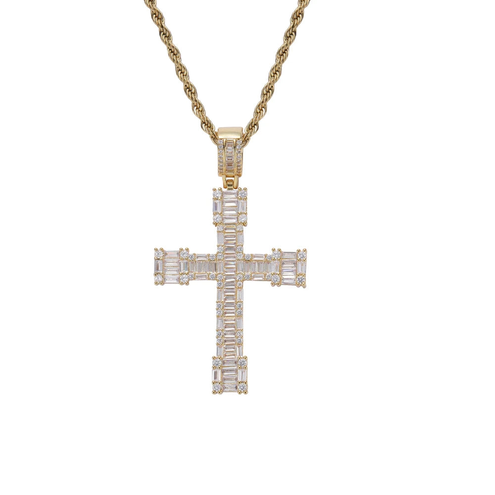 CN370 Bling Bling Cross  Brass Setting CZ Hip Hop Necklace Iced Out Jewelry