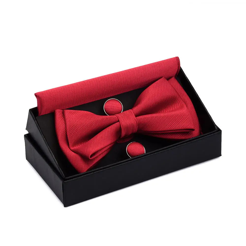 Custom Quality Bowties for Wedding Mens Solid Color Two Layers Pre-tied Bow Tie and Pocket Square Cufflinks Set With Gift Box