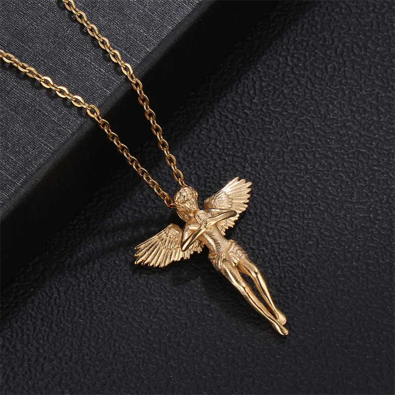 Genuine 18K Gold Plated Jewelry Necklace 3D Carved Winged Angel Pendant Necklace Unisex Stainless Steel Cupid Love Angel Pendant