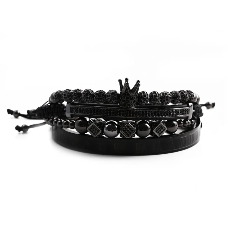 Fashion Gold Bracelet Men Set Roman Numerals Engraved Bangle CZ Crown Woven Men Crown Bracelet