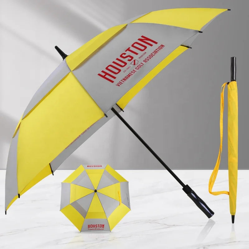 Custom 30 Inch Auto Open Large Double Layer Canopy Windproof Promotion Straight Golf Umbrella with logo Prints Uv Coating