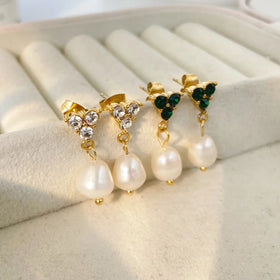 Fashion Three Diamond Freshwater Pearl Earrings Stainless Steel Plated 18K Gold Earrings Jewelry