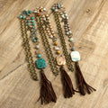 Fashion Bohemian Handmade Jewelry Natural Stone Beaded Rosary Chain Necklace Leather Tassel Pendant Necklaces