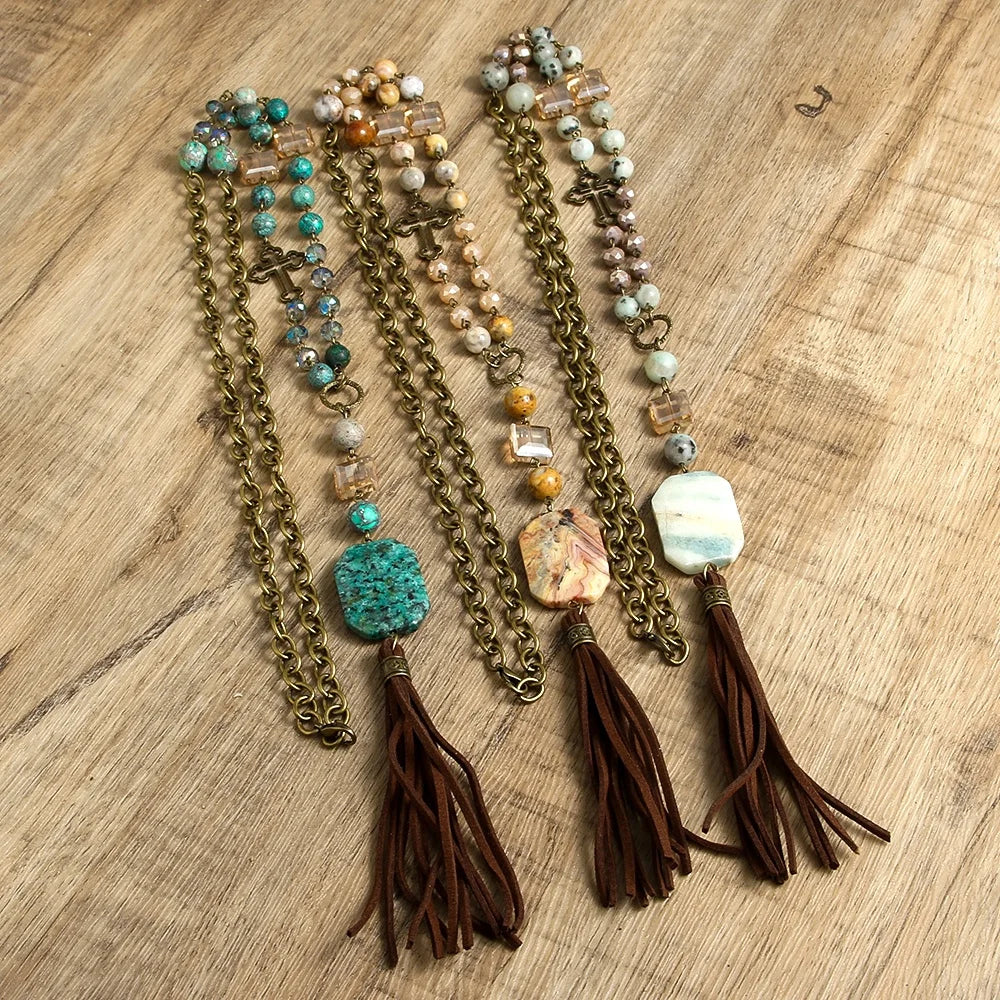 Fashion Bohemian Handmade Jewelry Natural Stone Beaded Rosary Chain Necklace Leather Tassel Pendant Necklaces