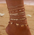 Wholesale 9 Pcs/Set Gold Plated Love Heart Anklet Butterfly Simple Cuban Chain Butterfly Ankle Bracelet Set for Women