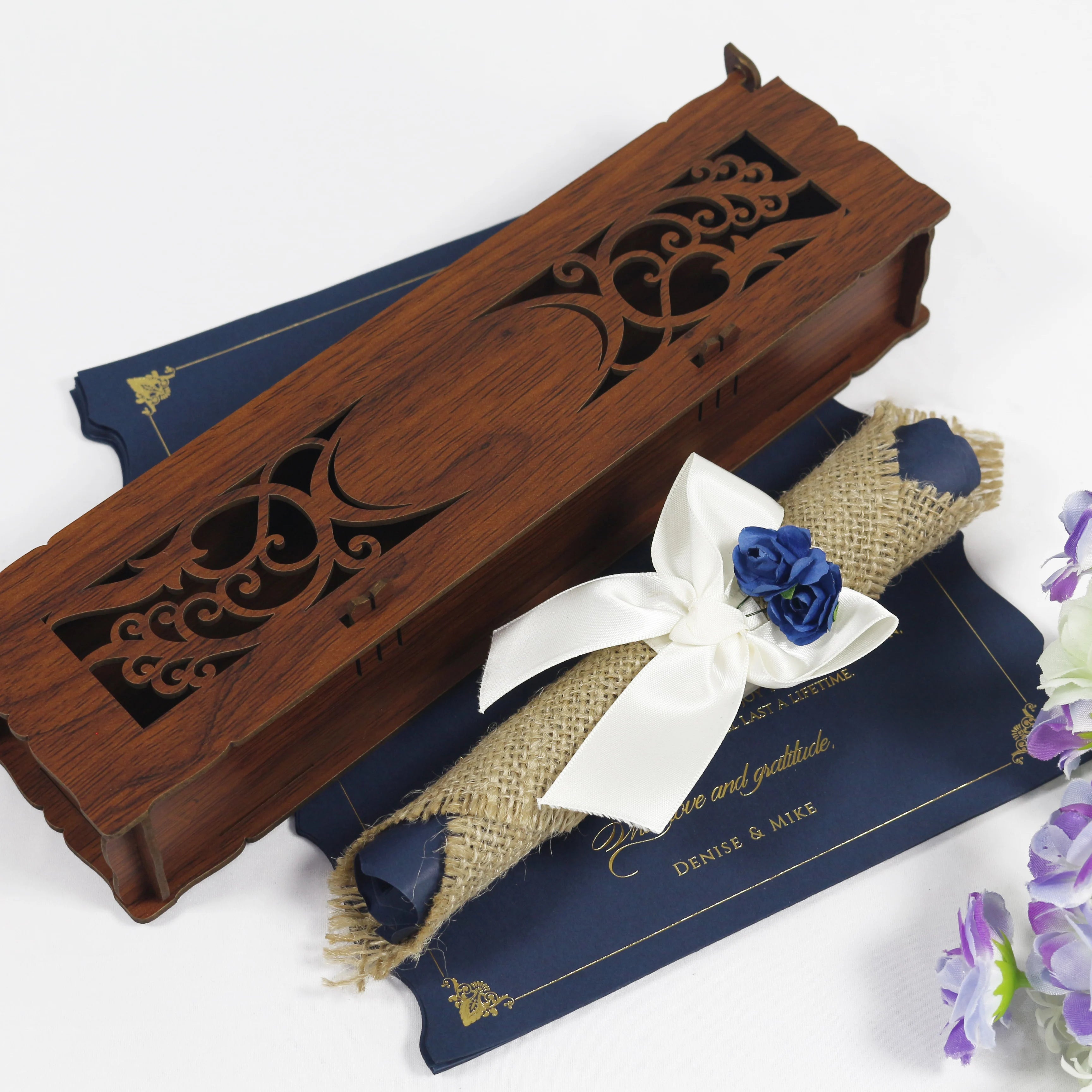 Luxurious Africa Laser Cut Wooden Box Retro Scroll Wedding Invitation With Hemp Roll & Ribbon Bow