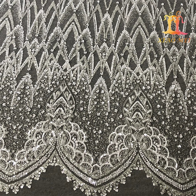 New Style 100% Polyester Eco-Friendly White Beaded Heavy Wedding Mesh Fabrics XM-BF0464