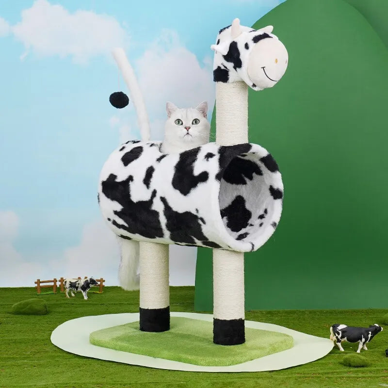 Cow Shape Cat Tree Climbing Frame Warm Cat Litter Grab Post Integrated Semi-enclosed Four Seasons Universal Cat Toy Supplies