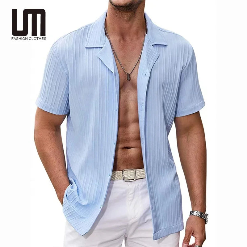 Liu Ming Men's Casual Short Sleeve T-Shirts for Summer Beach Vacations New Fashionable Stripe Top Breathable Yarn Dyed Spring