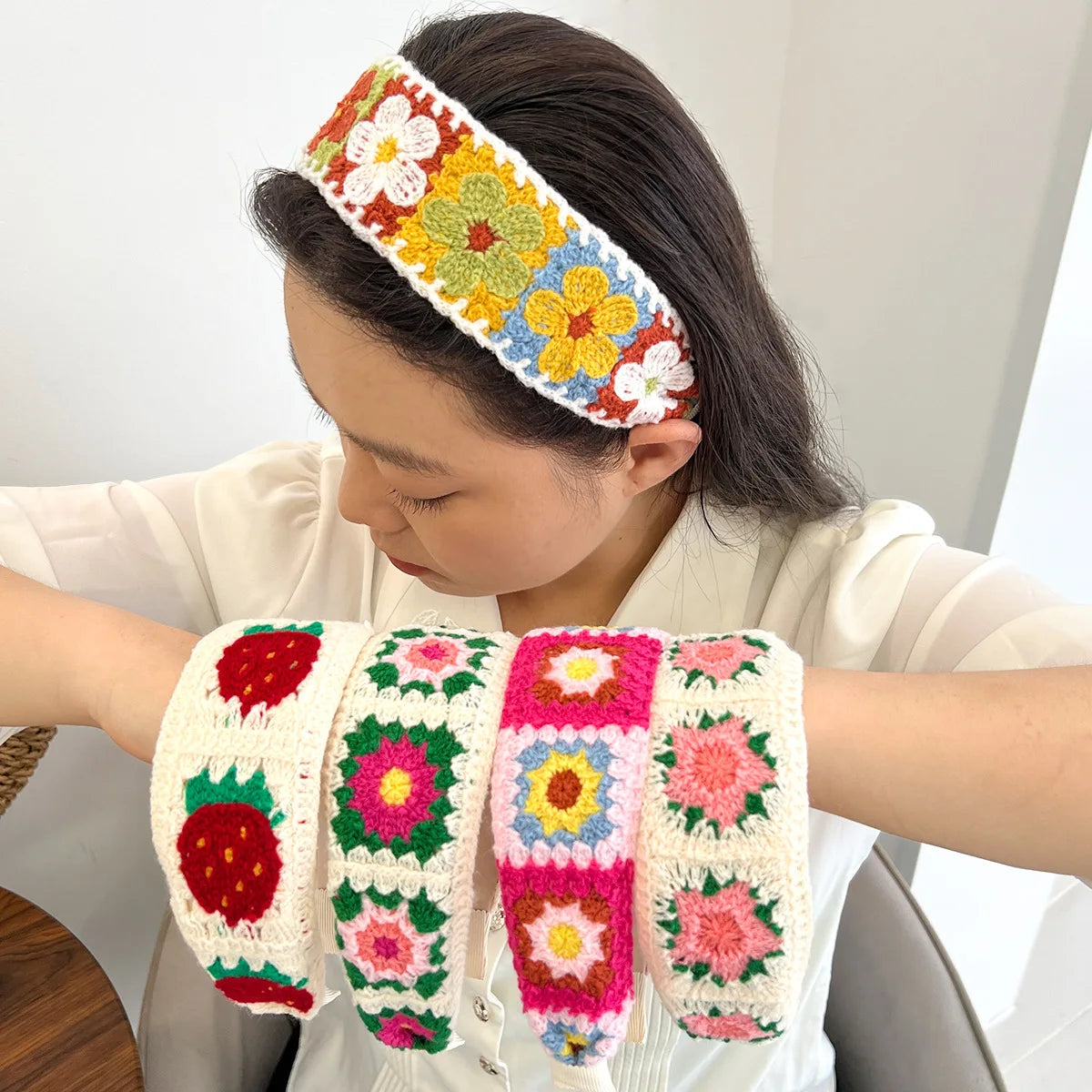 Boho Summer Handmade Flower Floral Beach Knitted Crochet Head Wraps Headband for Women Girls Ladies