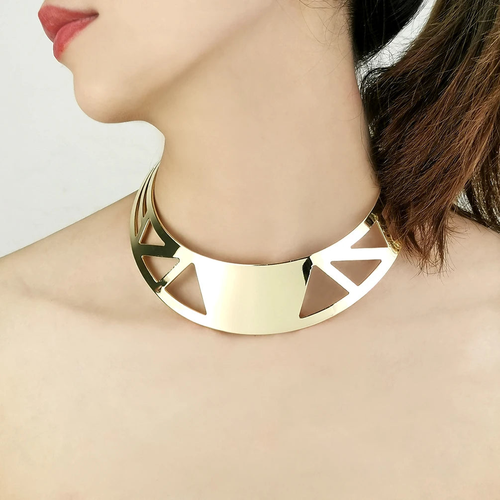 HANSIDON Minimalist Fashion Africa Jewelry Statement Triangle Hollow Pattern Choker Necklace Gold Plated Chunky Jewelry