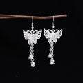 Women's Ethnic Statement Tassel Earrings Silver Plated Butterfly Carved Flower Pendant Drop Earrings Fashion Accessory