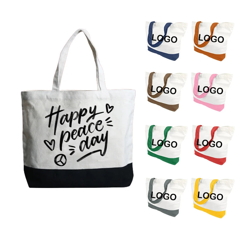 Custom Printed Large Two-Tone Reusable Cotton Canvas Shopping Tote Bag for Fruits and Vegetables Promotional Tote Bags