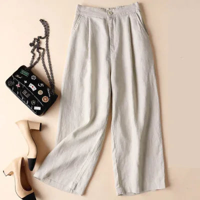 Cotton Linen Straight Loose Wide-leg 8 Colors Pants for Women 2023 Summer Elastic Waist Pleated Light Ankle-length Women's Pants