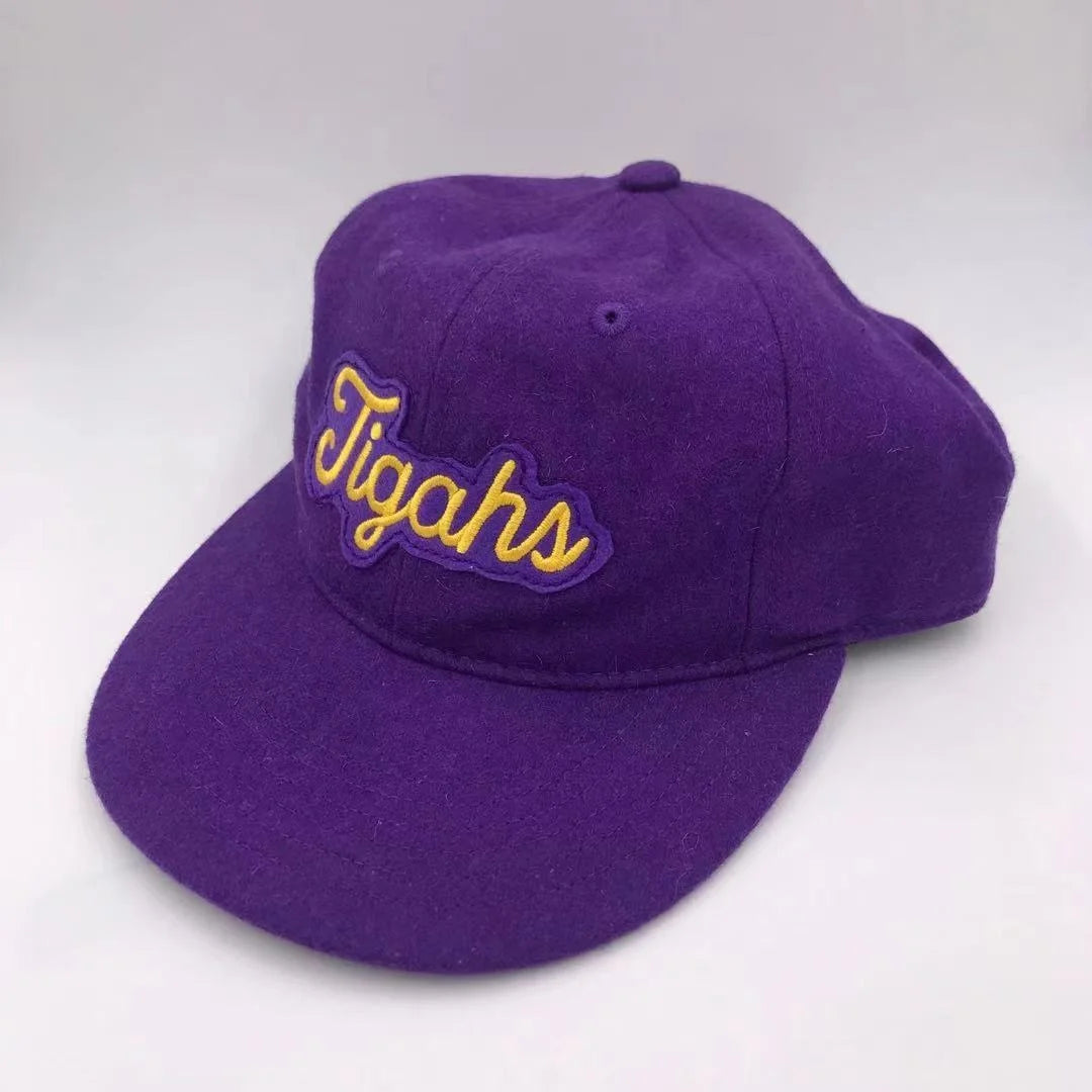 Quality Melton Wool Purple Unstructured 6 Panel Baseball Cap Leather Strap Flat Brim Dad Hat With Custom Felt Embroidery logo