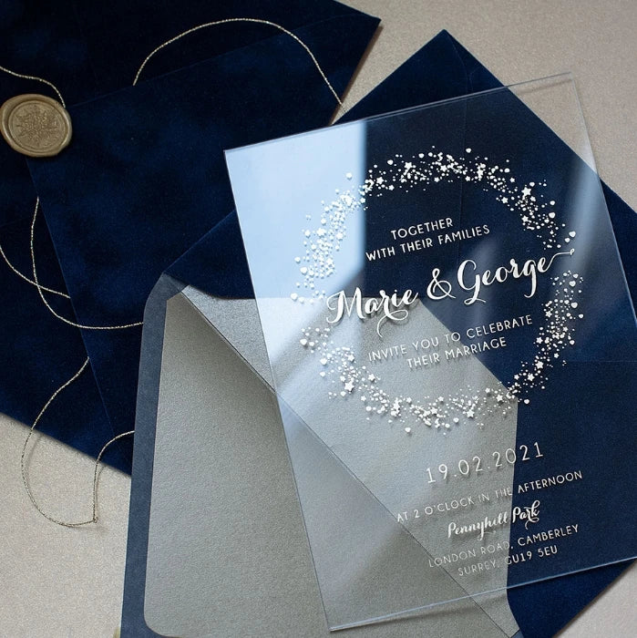 Factory Customized Bridal Shower  Velvet Envelope Clear Acrylic Card With Seal Sticker Wax Seal Wedding Invitation