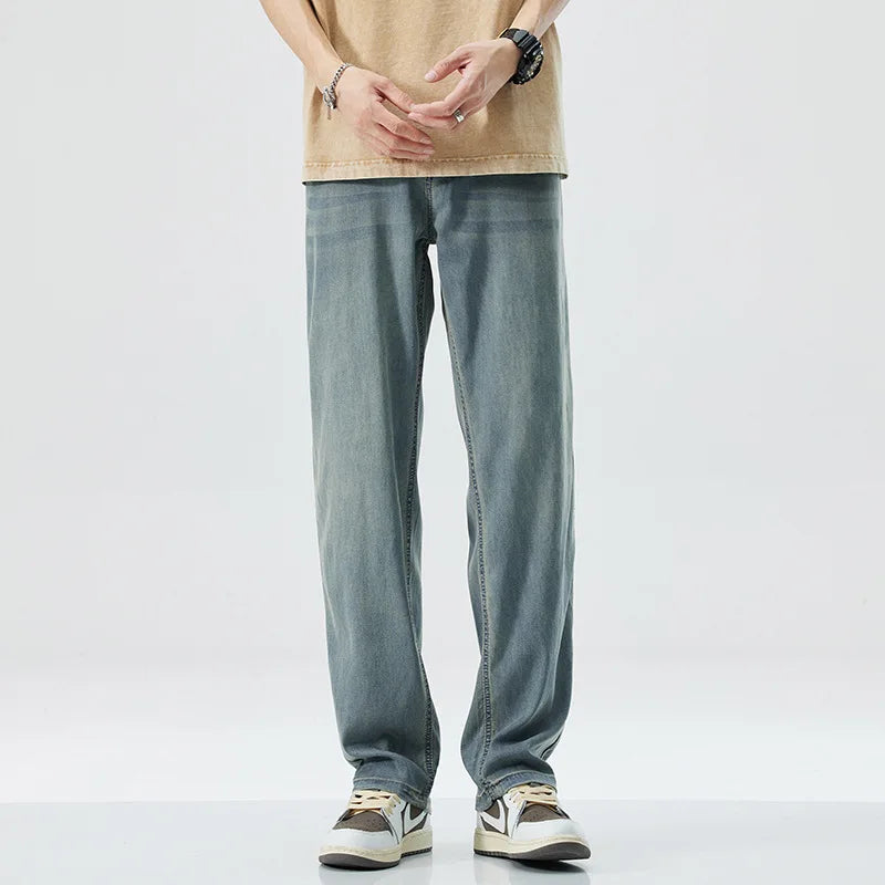 New Fashion Style Mid Waist Breathable Y2K Stonewashed Men's Trendy Brand Summer Thin Straight Tube Loose Wide Leg Casual Pants