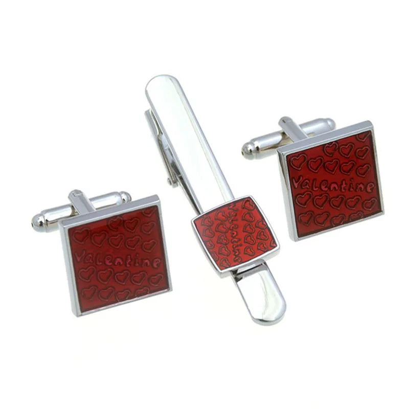 Wholesale Red Heart Valentine Cufflinks Tie Clip Gift Set Custom Men Suit Shirt Fashion Accessory Tie Bar Wedding Tuxedo Jewelry