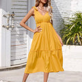 New Women Elegant Ladies Elastic Waist Dresses Pure Color Tie Straps Bow Mid-length Skirt With Suspenders and Waist Is Slimmer