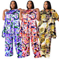 Plus Size Women's Summer Two Piece Set Breathable Eco-Friendly High Street Style Color Print Short Sleeve Shirt Collar Pants
