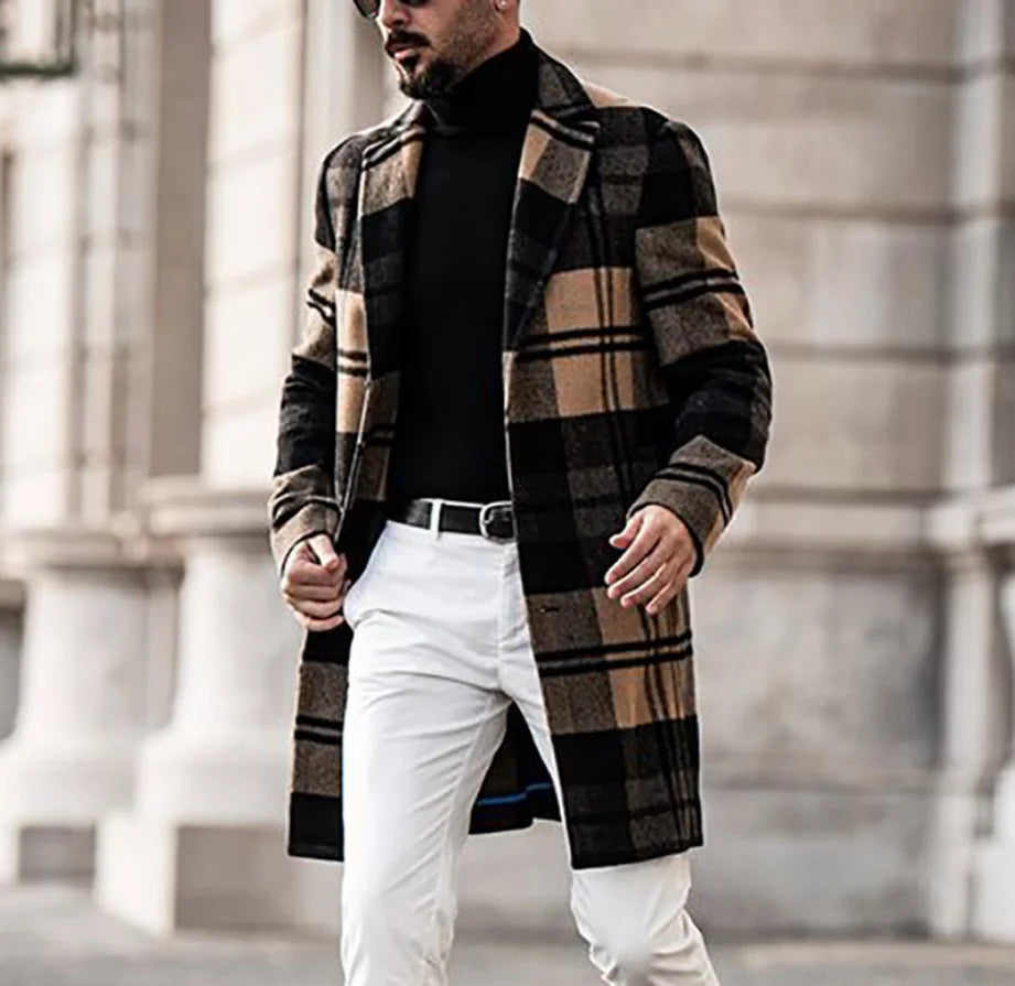 Plaid Design Men Long Coat Jacket Woolen Just One Piece Male Autumn Winter Casual Outwear Jacket Tuxedos Groomsman Coat Blazer