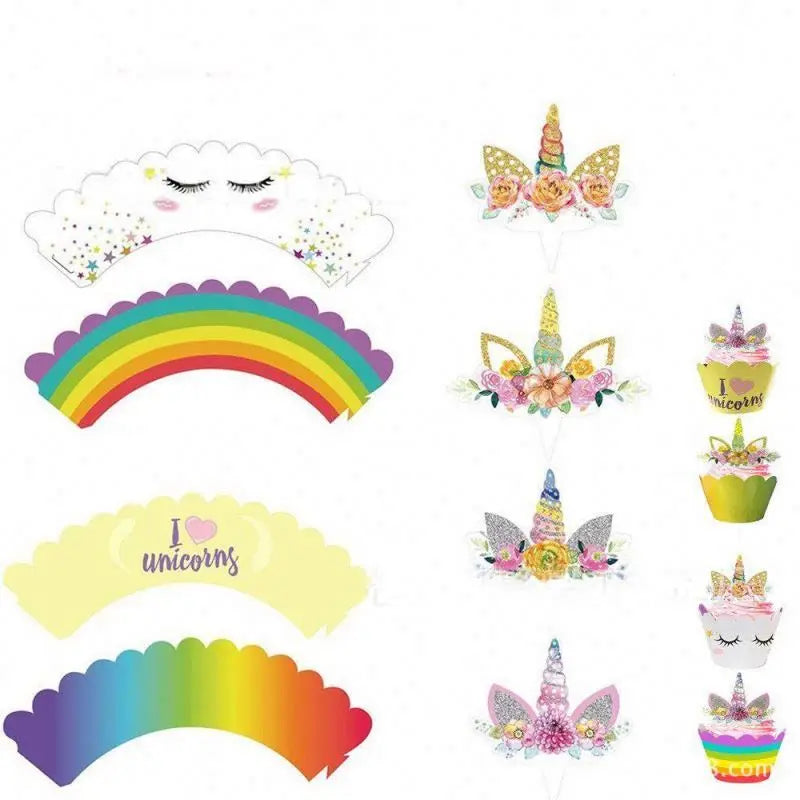 Unicorn Cupcake Toppers and Wrappers  Set of 24 | Birthday Party Supplies Unicorn Horn Cake Decoration