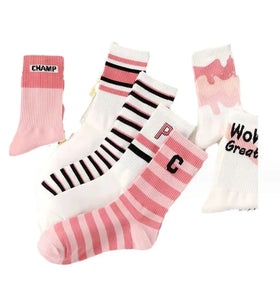 Ins Cotton Versatile High Beauty White Pink Stripe Letter Student Girls' Socks