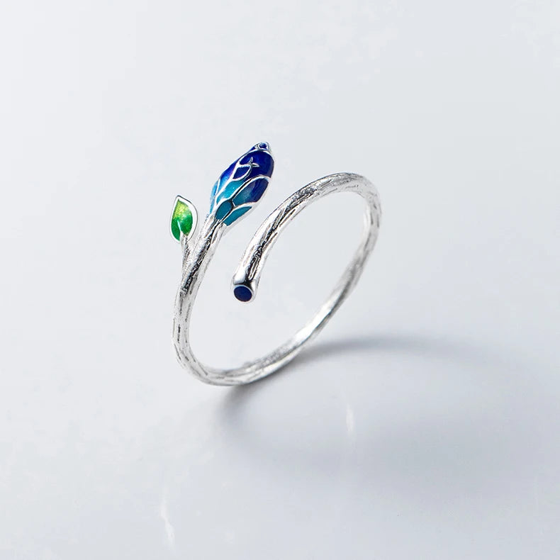 New Cute Design S925 Sterling Silver Elegant Enamel Leaf Finger Ring Women J3211