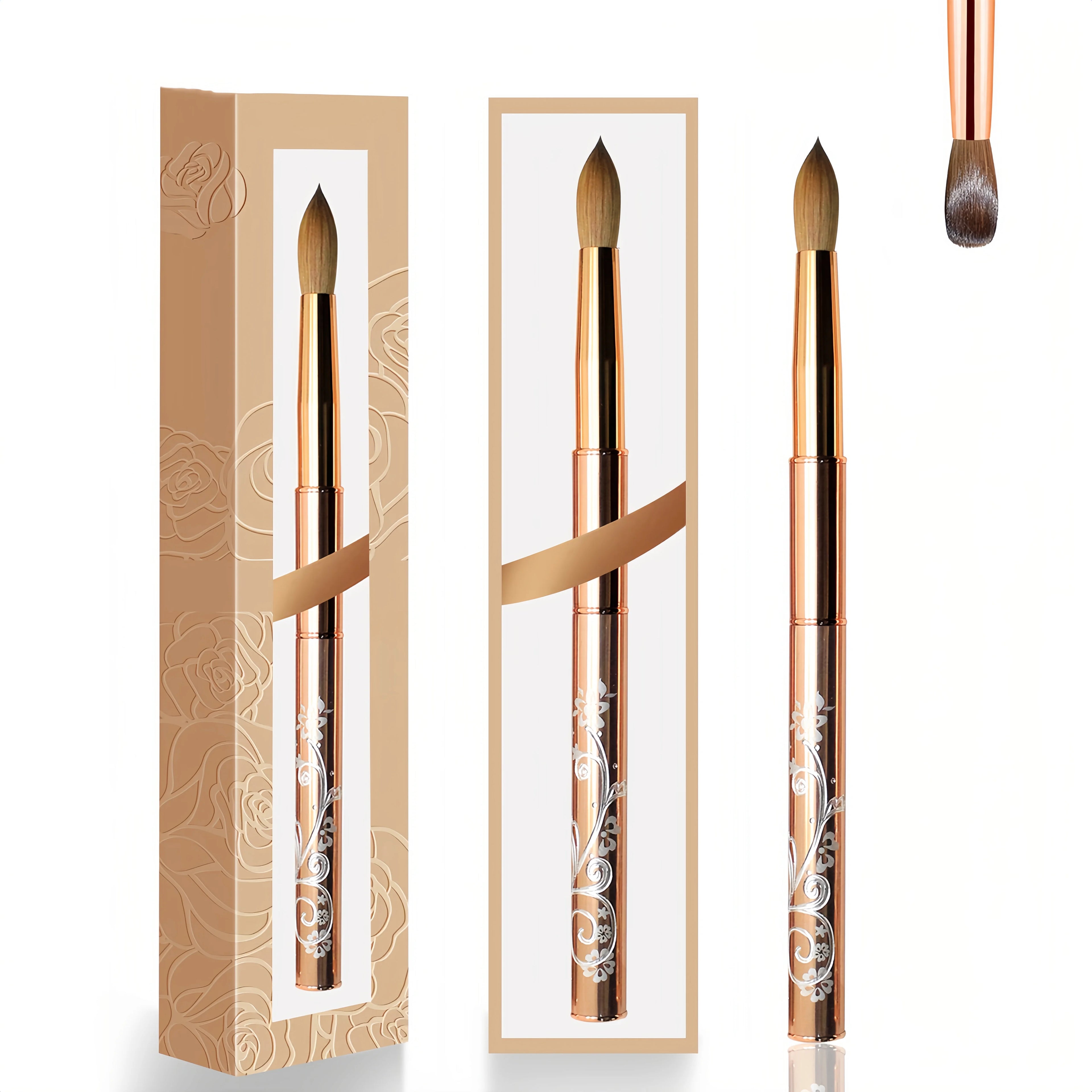Factory Wholesale Rose Gold Flower Pattern Metal Handle Pure Kolinsky Acrylic Nail Brush 3D Acrylic Pinceles for Gel Nail Art