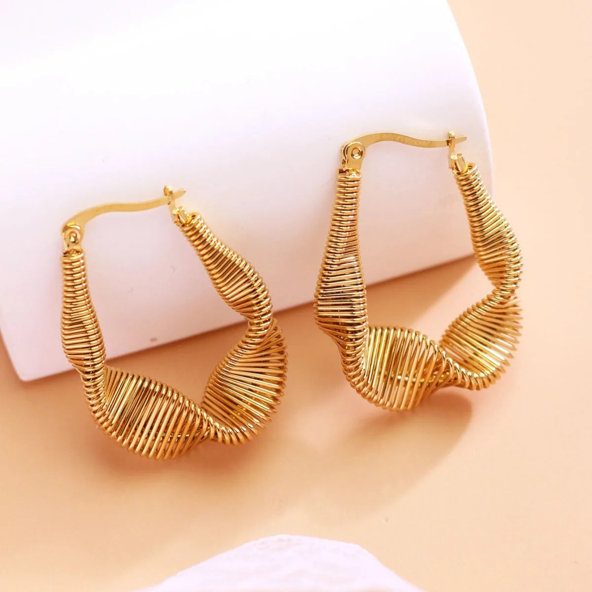 Yazky 18K Gold Plated Geometric Spring Spiral Hoop Earrings Certified Trendy Winding Twisted Design Women's Stainless Steel