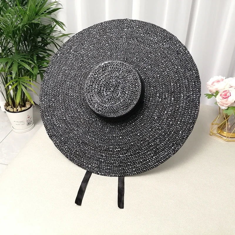 European and American Style Hand-woven Flat-top Wheat Straw Hat Large Brim Fashionable Shallow Beach Hat
