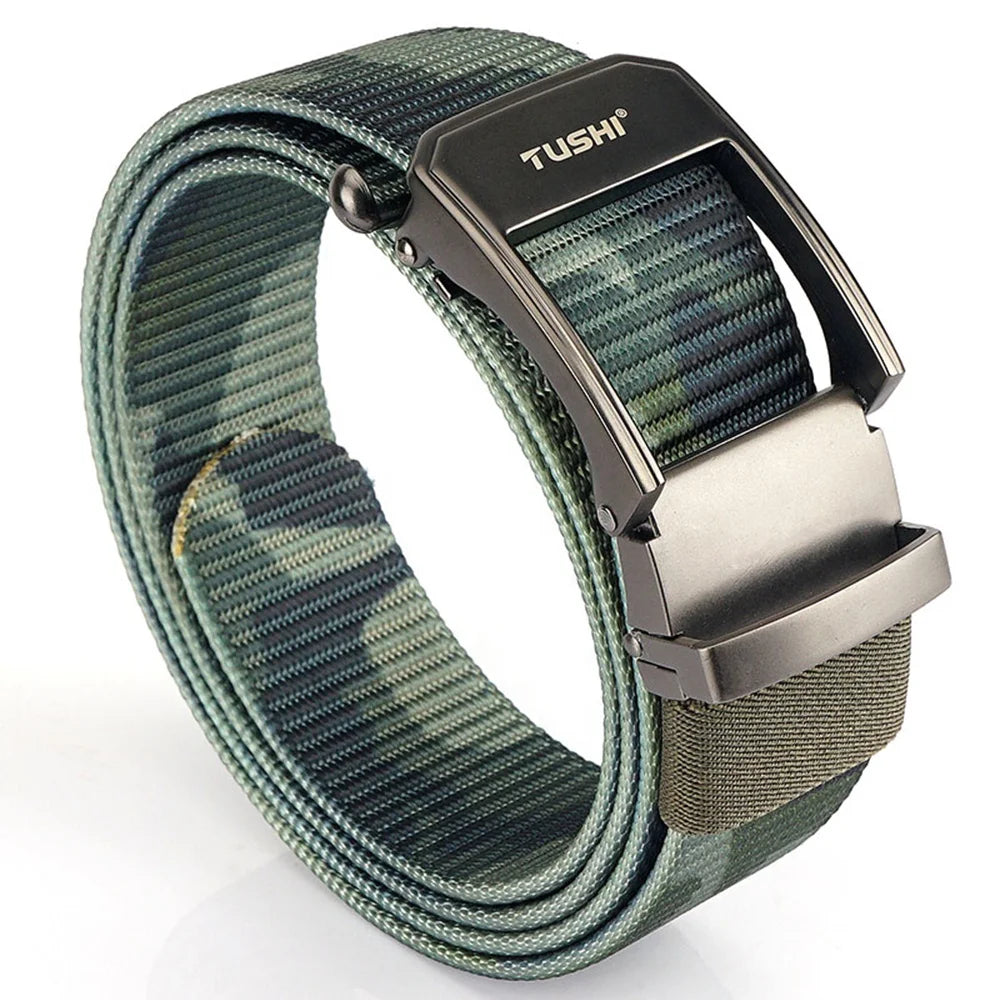 TUSHI Men's High Quality Adjustable Nylon Cowboy Belt Business Formal Knitted Automatic Alloy Buckle 3.4cm Width 120cm Length