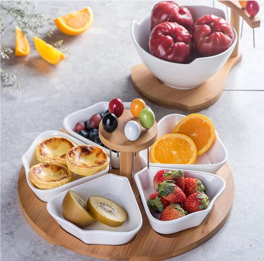 Ceramic Flower-shaped Snack Plate Seasoning Plate Fruit Dessert Bowl With Bamboo Wood Stand Kitchen Restaurant Hotel Tableware