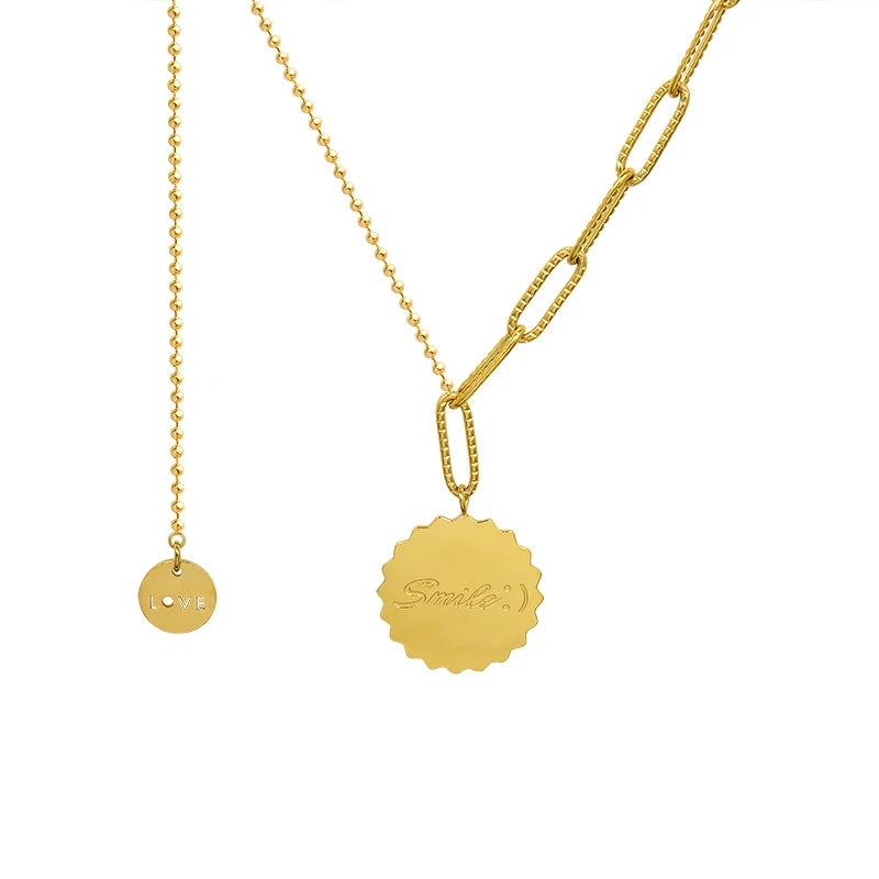 Dainty Minimalist 18K Gold Plated Stainless Steel Gear Smile Letter Tassel Necklace for Female Daily Office Wear
