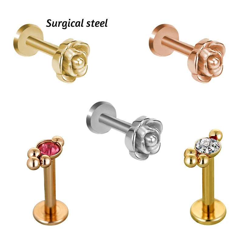 Stainless Steel Zirconia Rose Ball Shaped Labret Nose Ring Tragus Ear Nail Titanium Clear Acrylic Septum Navel Piercing Jewelry