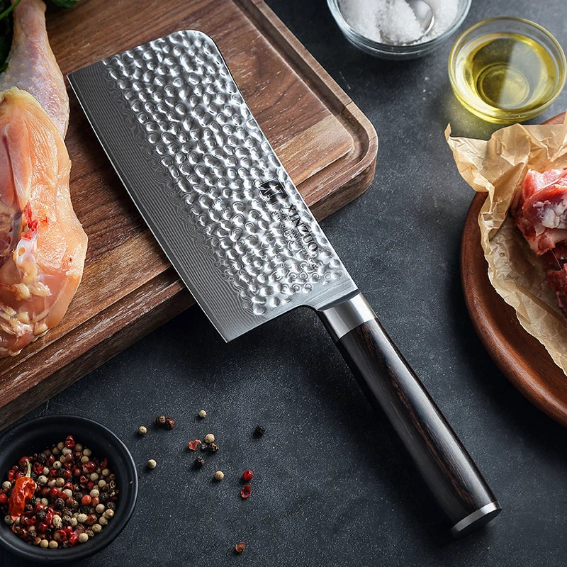 Professional 7 Inch 67 Layers Damascus Steel Wooden Handle Pakka Wood Kitchen Chinese Bone Chopping Knife