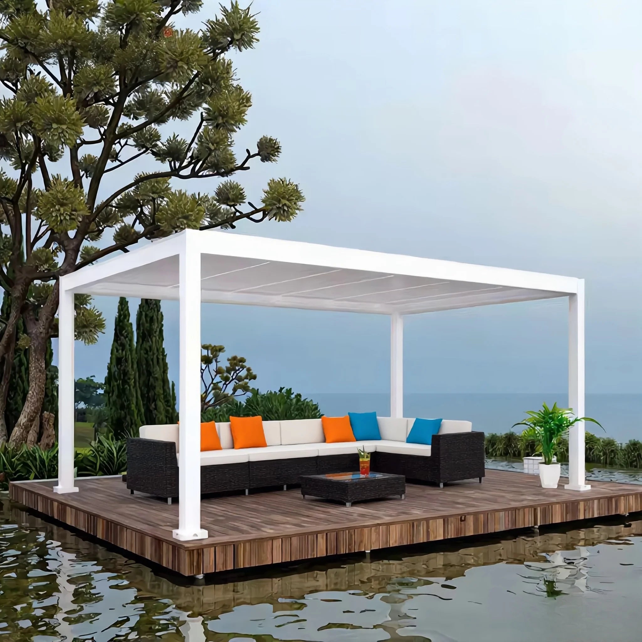 Customizable Motorized Louvers Roof Durable Aluminum Pergola Powder Coated Windproof Waterproof Features 15-Year Warranty for