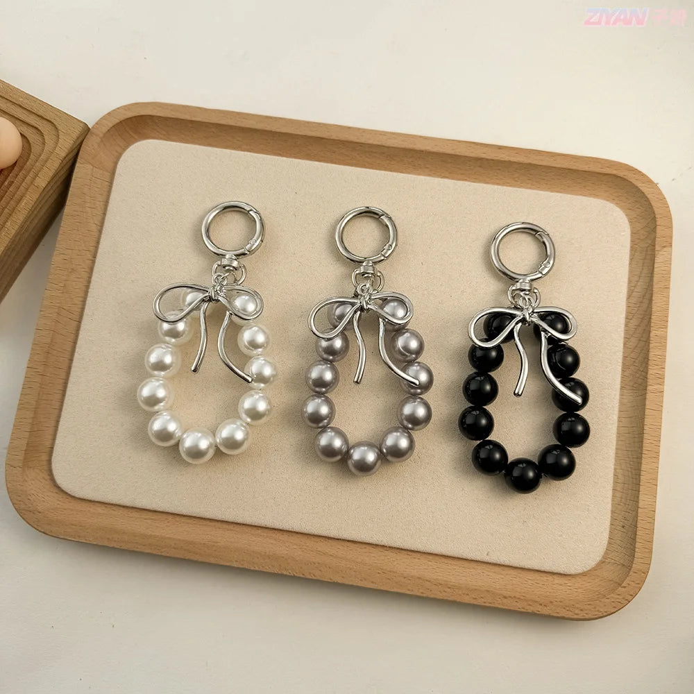 Exquisite Beautiful Bow Beads Bowknot Keychains Phone Accessories Imitation Pearl Bag Pendant Accessories Metal Bead Key Chains