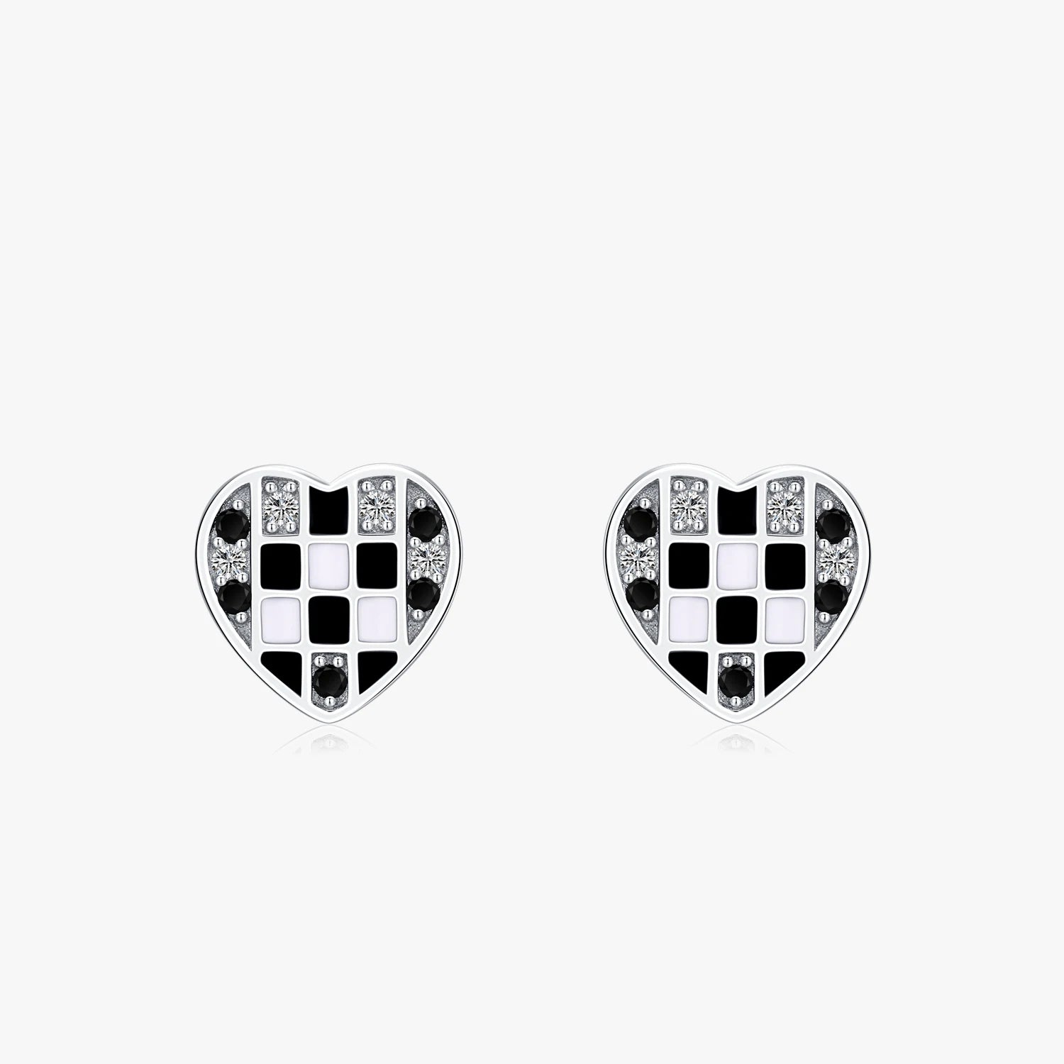 Ailmay 925 Sterling Silver Fashion Heart Black Enamel Diamond Grid Zirconia Stud Earrings for Women Valentine's Day Jewelry Gift