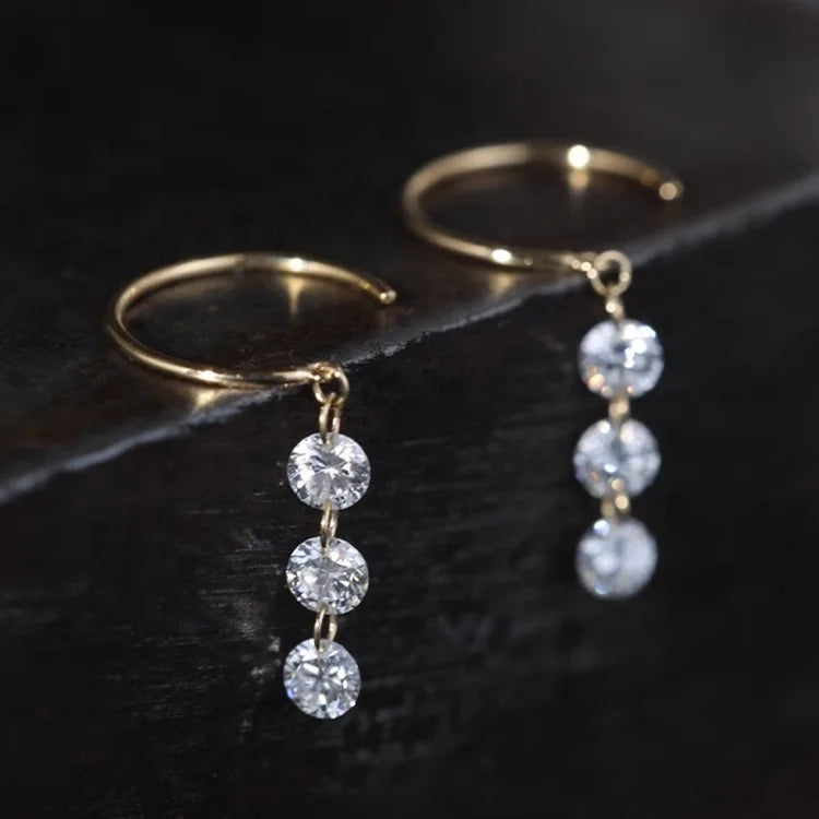 Classic Three Stones 18K Gold Three Diamonds Smart Glittering White Drop Earrings
