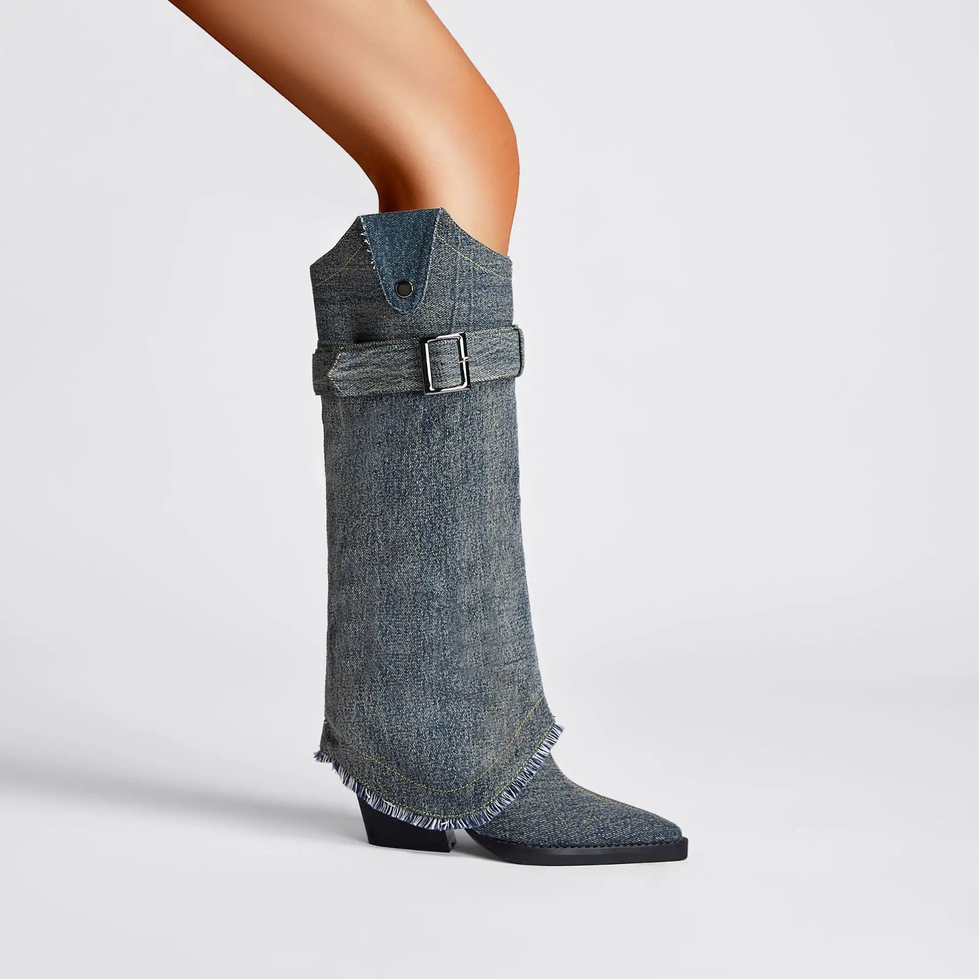 Custom Large Size 35-46 Women Winter Pointed Toe Buckle Detailing Grey Jeans High Heel 3D Denim Boots