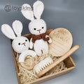ToysKing 100% Handmade Crochet New Born Baby Gift Set Bunny Toy Beech Wood Teether Goat Hair Brush Birth Sign