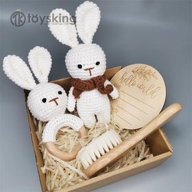 ToysKing 100% Handmade Crochet New Born Baby Gift Set Bunny Toy Beech Wood Teether Goat Hair Brush Birth Sign