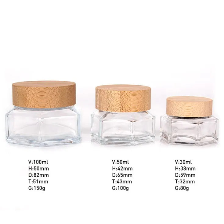 Wholesale Hexagon shape Glass Cosmetic Cream Jar with Natural Bamboo Lid for eye face cream