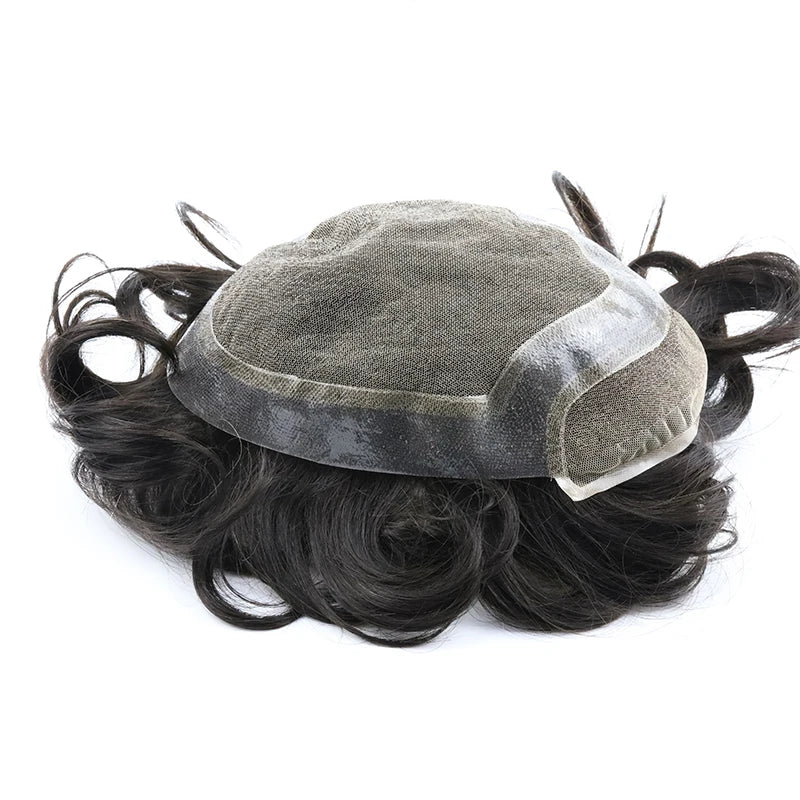 EMEDA Toupee Lace Front PU Around Man Hair Loss Knot Bleached Different Percentage of Grey Hair