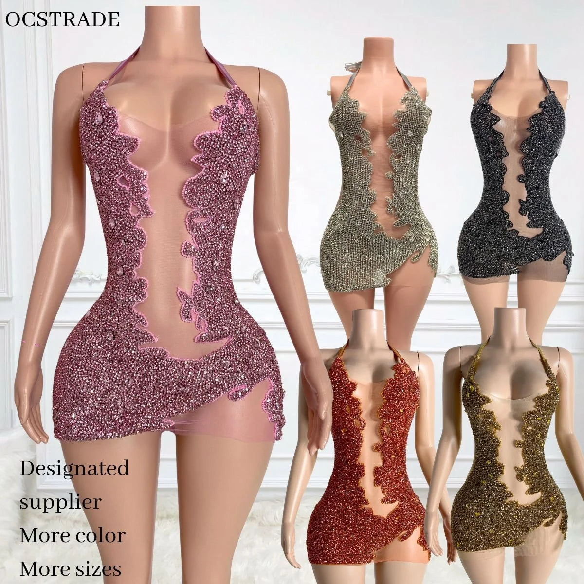 Ocstrade Vestidos Hot Selling Open Back Halter Birthday Party Pink Dress Sparkly Silver Rhinestone Sleeveless Mini Club Dress