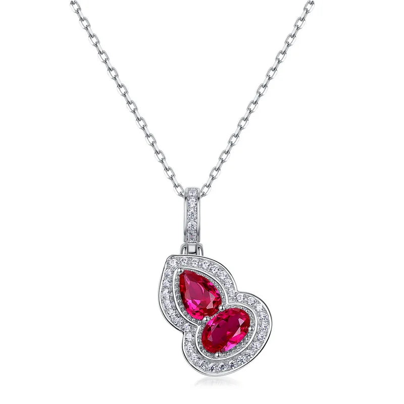 S925 Silver Artificial Lab Grow Ruby Gourd Necklace Lucky Red Diamond Cubic Zirconia Women Pendant Necklace