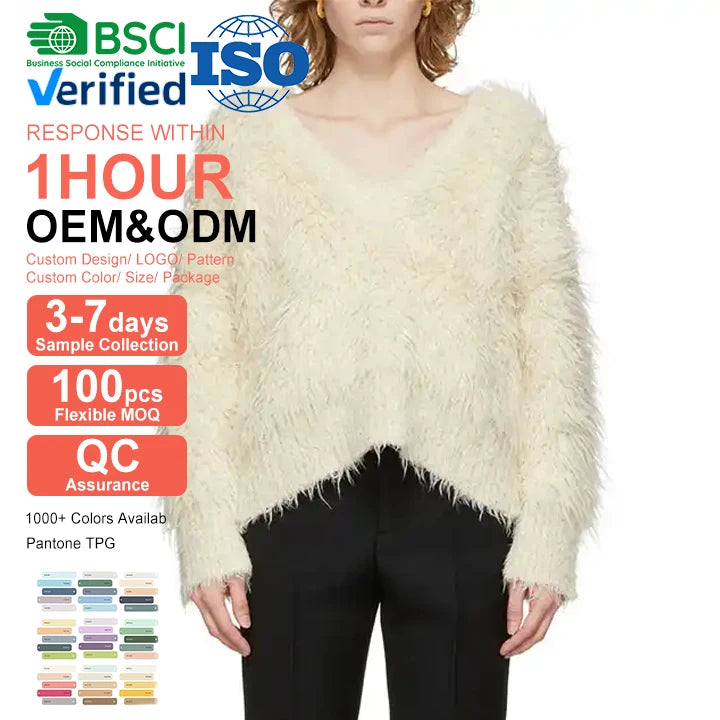Custom Alpaca Chunky Knit V-neck Pullover Women's Autumn Casual Free Size Nylon Cotton Oversize Fuzzy Quick-Dry Sweater