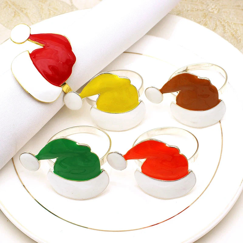 Christmas Party Decor Cute Enamel Colorful Napkin Rings and Luxury Red Hat Classic Metal Table Accessories